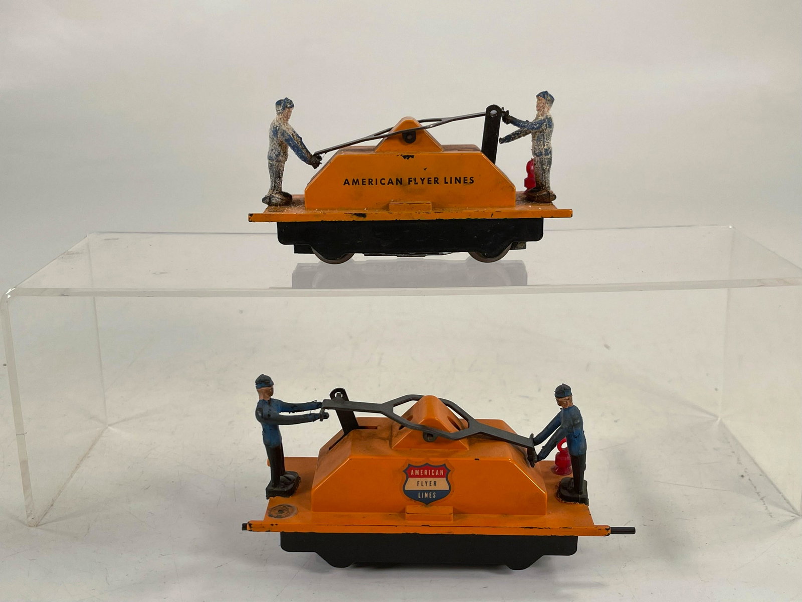American Flyer S Gauge by Gilbert gang car with decals: American Flyer S Gauge by Gilbert gang car with decals and gang car with stamped lettering, with the decaled gang car missing one lantern in C7 minus and the other stamped lettering gang car missing o