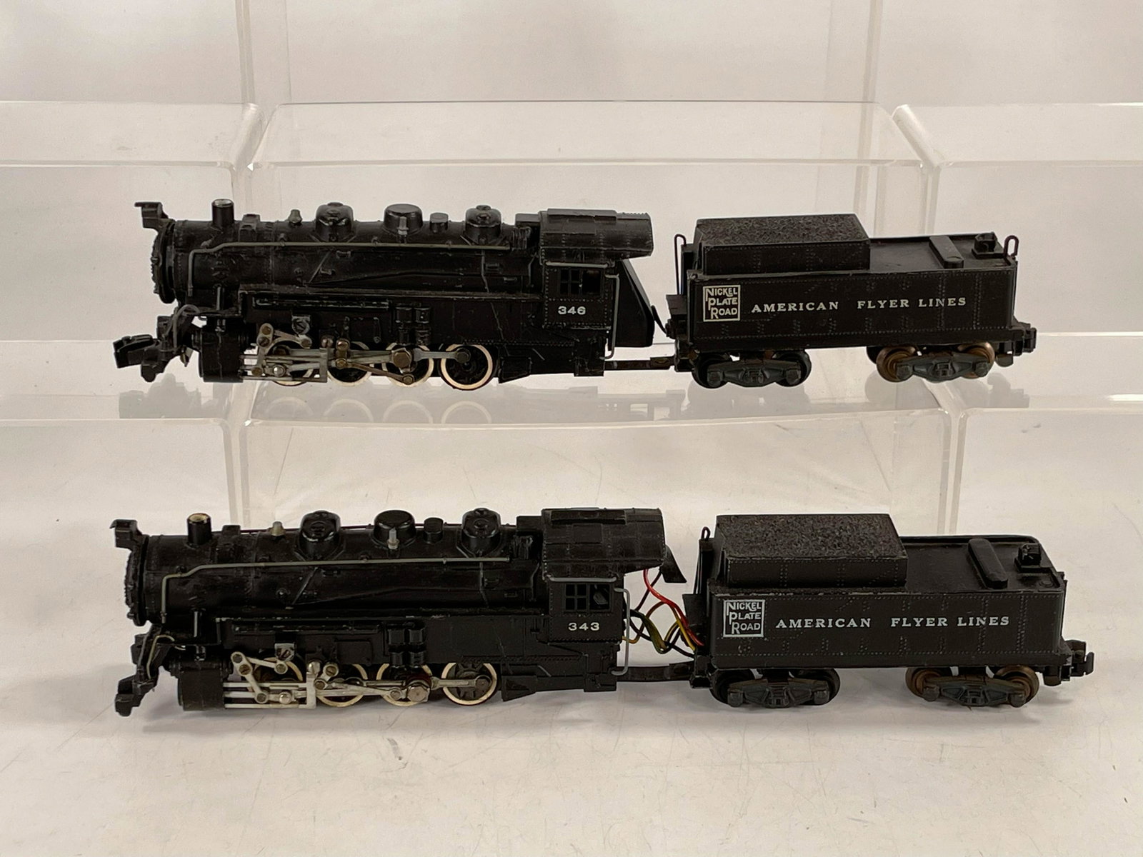 American Flyer S Gauge by Gilbert #346 Nickel Plate: American Flyer S Gauge by Gilbert #346 Nickel Plate Road Locomotive and Tender and #343 Nickel Plate Road Locomotive and Tender, in C6 plus to C7 minus overall.