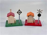 Prewar Lionel 76 Warning Bell and Shack, with Orange: Prewar Lionel 76 Warning Bell and Shack, with Orange Roof and 45 Automatic Gateman, with the 76 in C7 and the 45 in C6 to C6+.