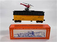 Postwar Lionel O Gauge 3619 Reconnaissance Copter Car,: Postwar Lionel O Gauge 3619 Reconnaissance Copter Car, with the 3619 Reconnaissance Copter Car in C8- with original picture box (tail rotor broken), and tougher variation with darker body color.