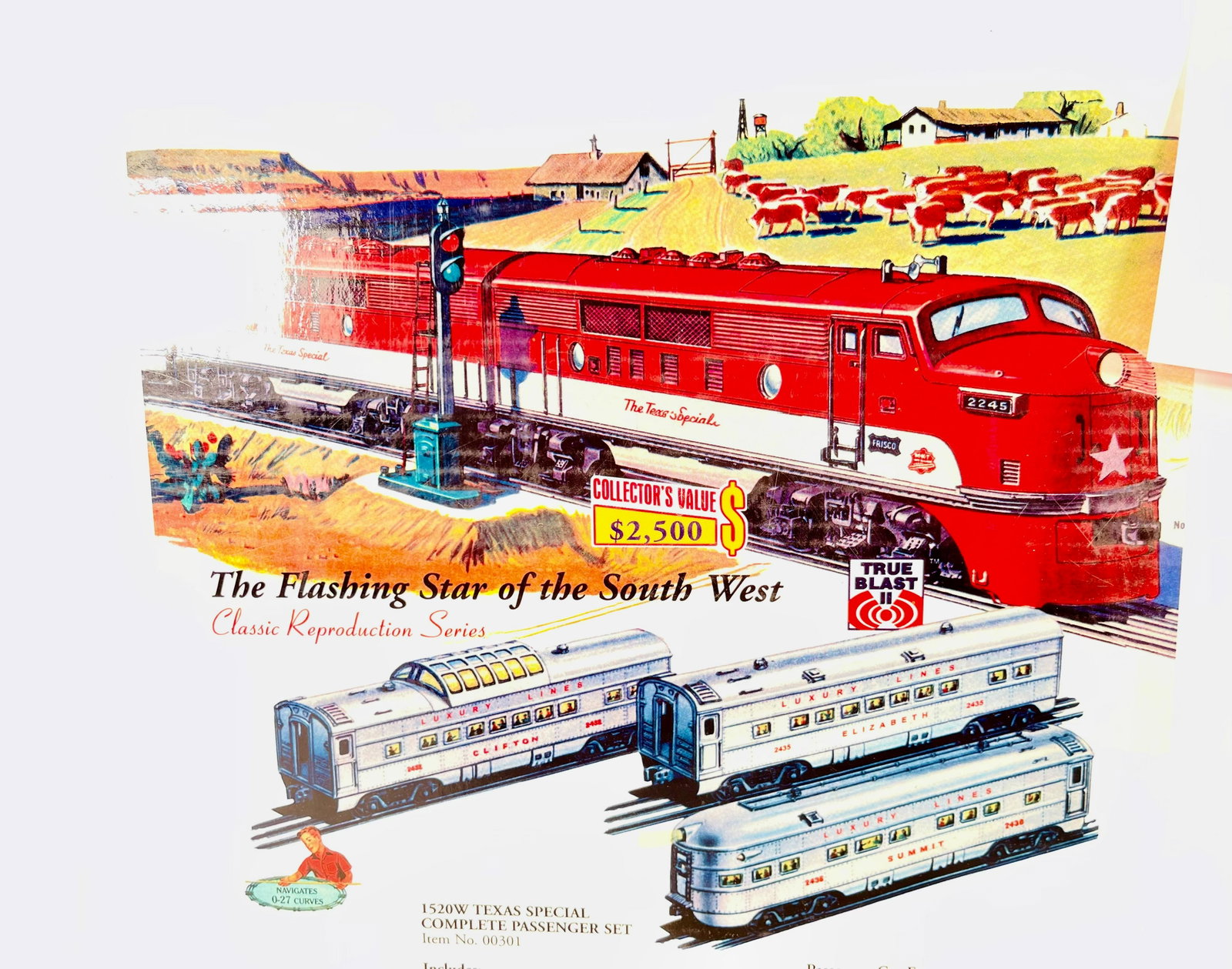 Williams O Gauge 1520W Texas Special Complete Passenger: Williams O Gauge 1520W Texas Special Complete Passenger Set, in C10 factory new and in original set box.
