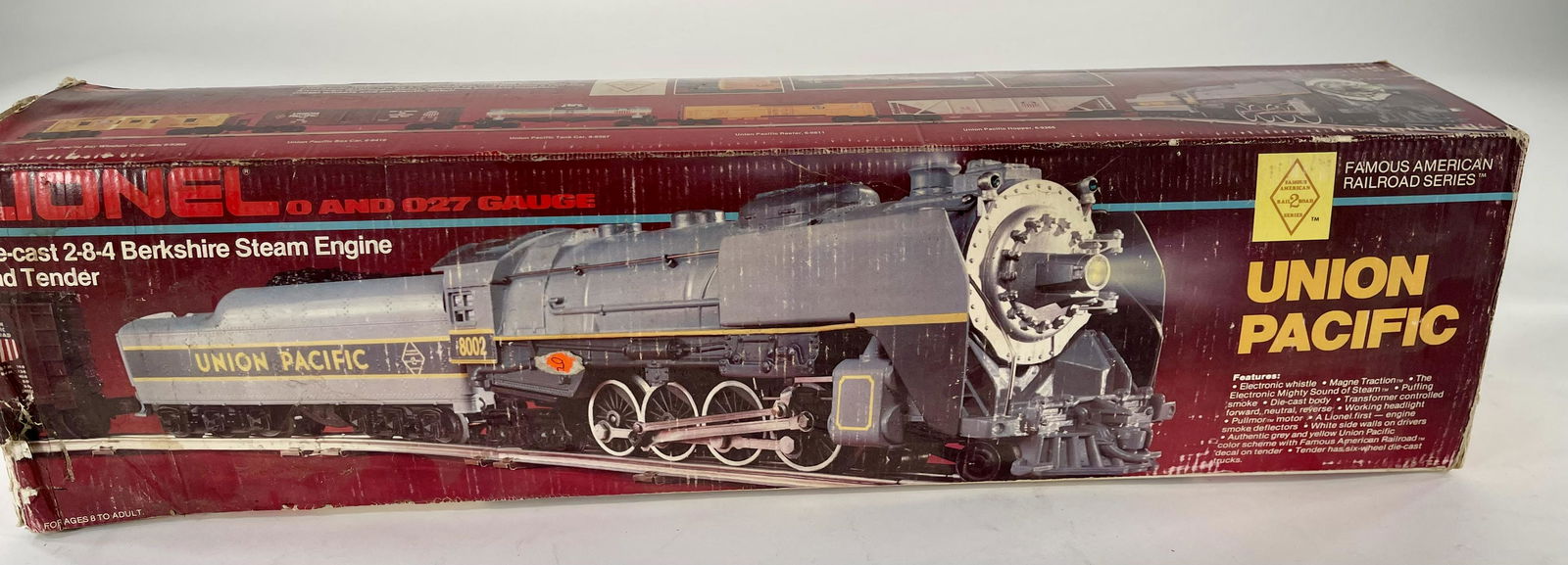 Lionel O Gauge Union Pacific Die-Cast 2-8-4 Berkshire: Lionel O Gauge Union Pacific Die-Cast 2-8-4 Berkshire Locomotive and Tender, including Berkshire Locomotive and Tender 6-8002 in C10 factory new and original box that has slight wear.