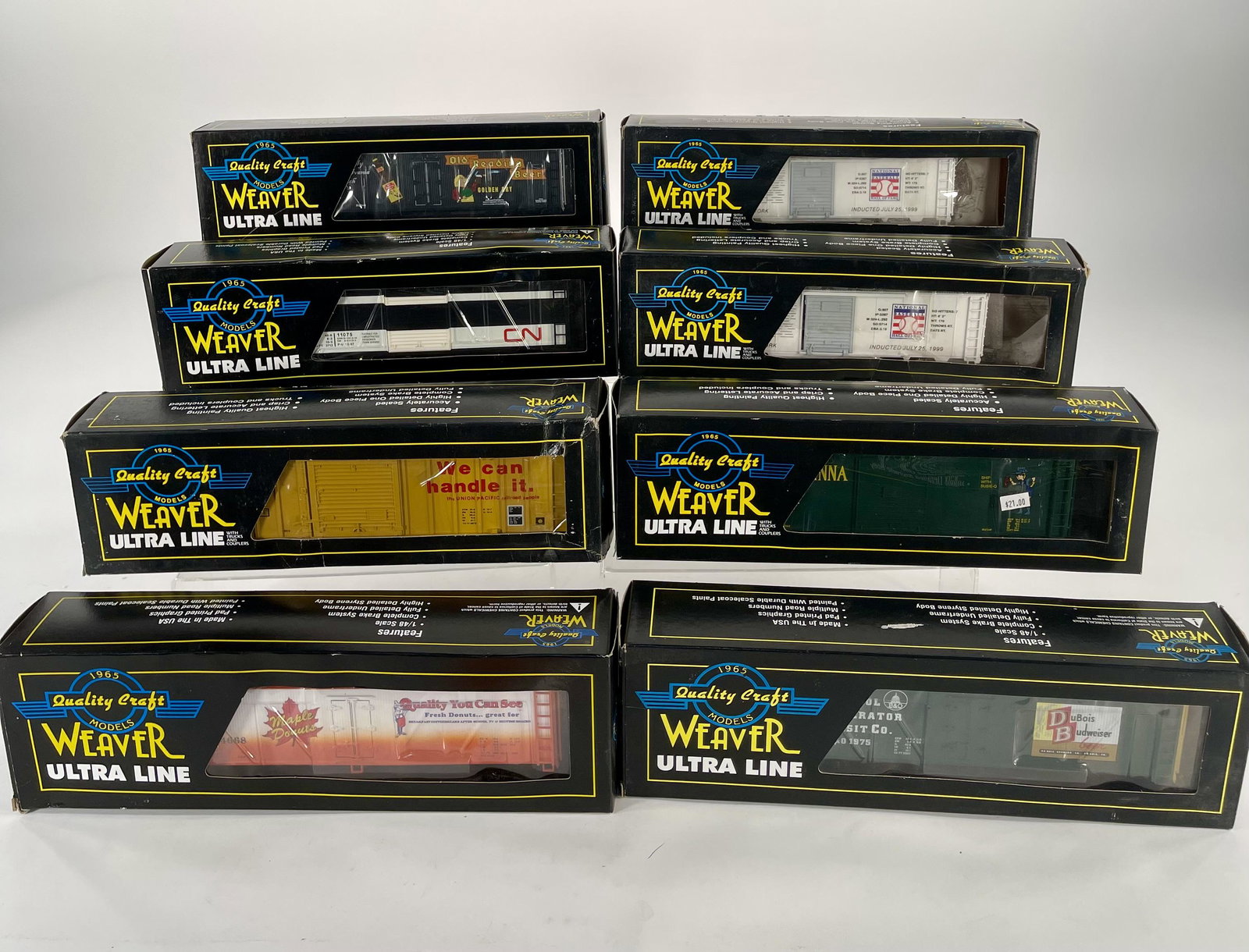 Weaver Models O Gauge Eight (8) Assorted Freight Cars,: Weaver Models Eight (8) Assorted Freight Cars, including Proto-Sound 1 40’ Box Car, Union Pacific 50’ Ribbed Side Box Car, Dubois Budweiser Woodside Refrigerator Car, Woodside Refrigerator