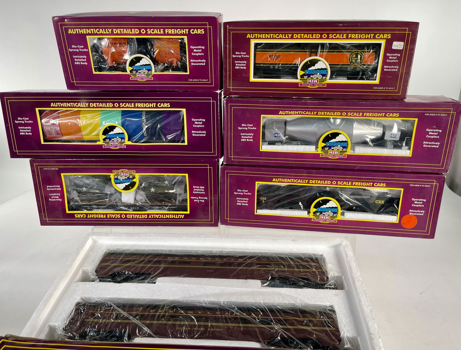 MTH O Gauge Assorted Six (6) Freight Cars and 70’ (1 of 9)