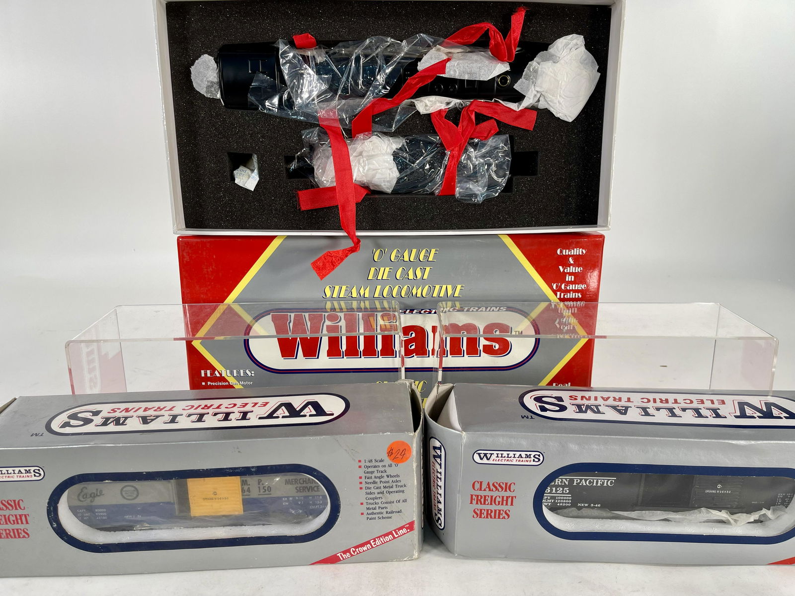 Williams O Gauge J Class 4– 8 – 4: Williams O Gauge J Class 4– 8 – 4 Locomotive N&W and Classic Freight Car Box Car X 2 in Original Boxes, each in C10 factory new condition.