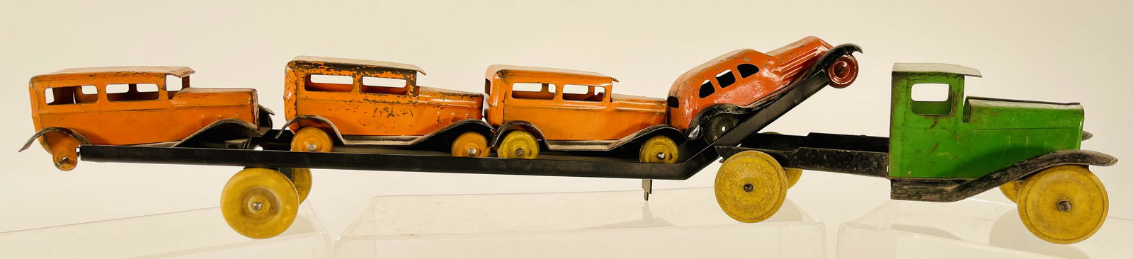 Wyandotte green truck cab with automobile trailer load (1 of 4)