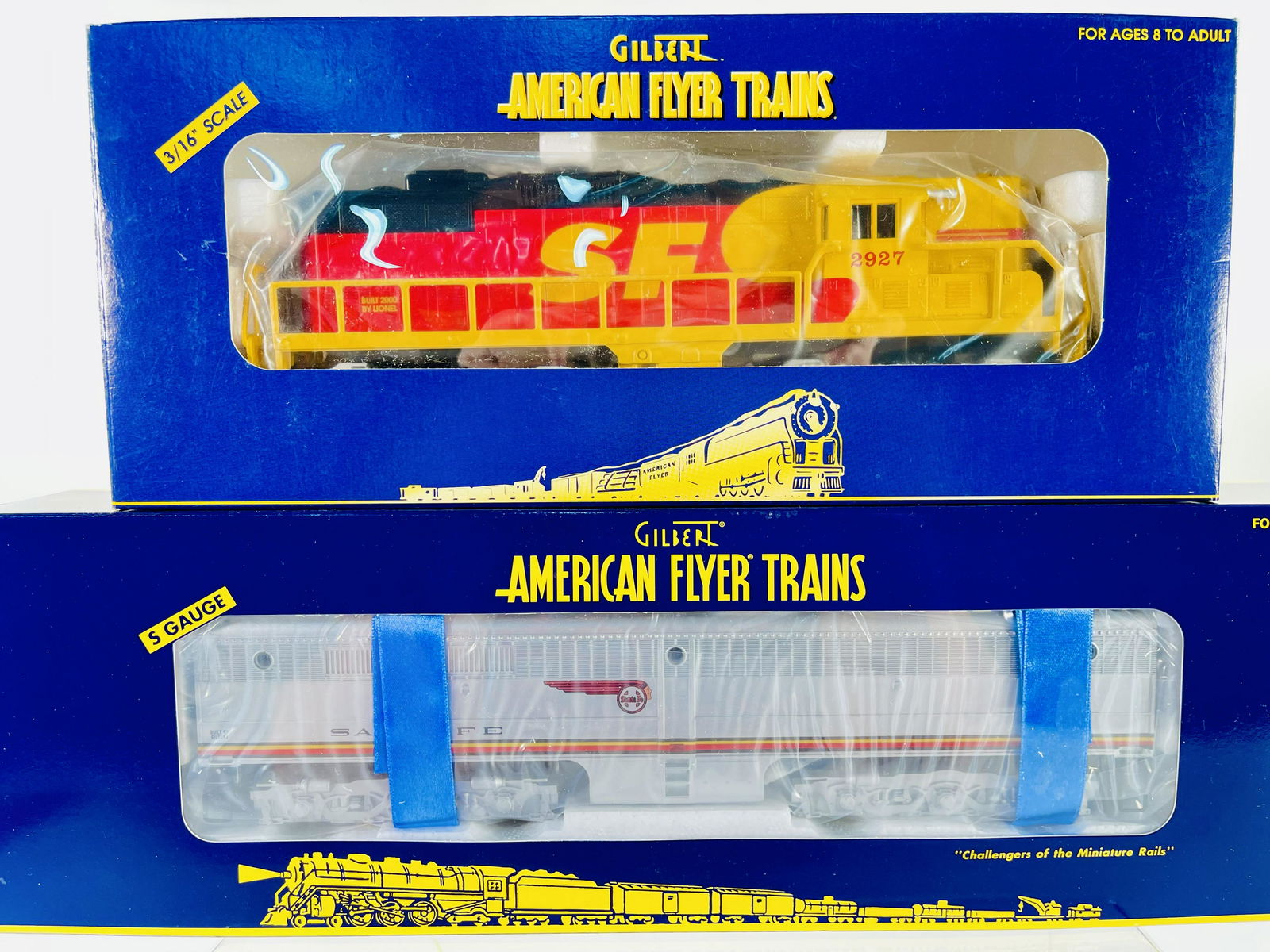 American Flyer Lionel S Gauge Santa Fe GP – 9 and Santa Fe Alco B-Unit: American Flyer Lionel S Gauge Santa Fe GP – 9 and Santa Fe Alco B-Unit, including Santa Fe including #6 – 48023 and #6 – 48136, both original boxes and in C10 factory new condition.