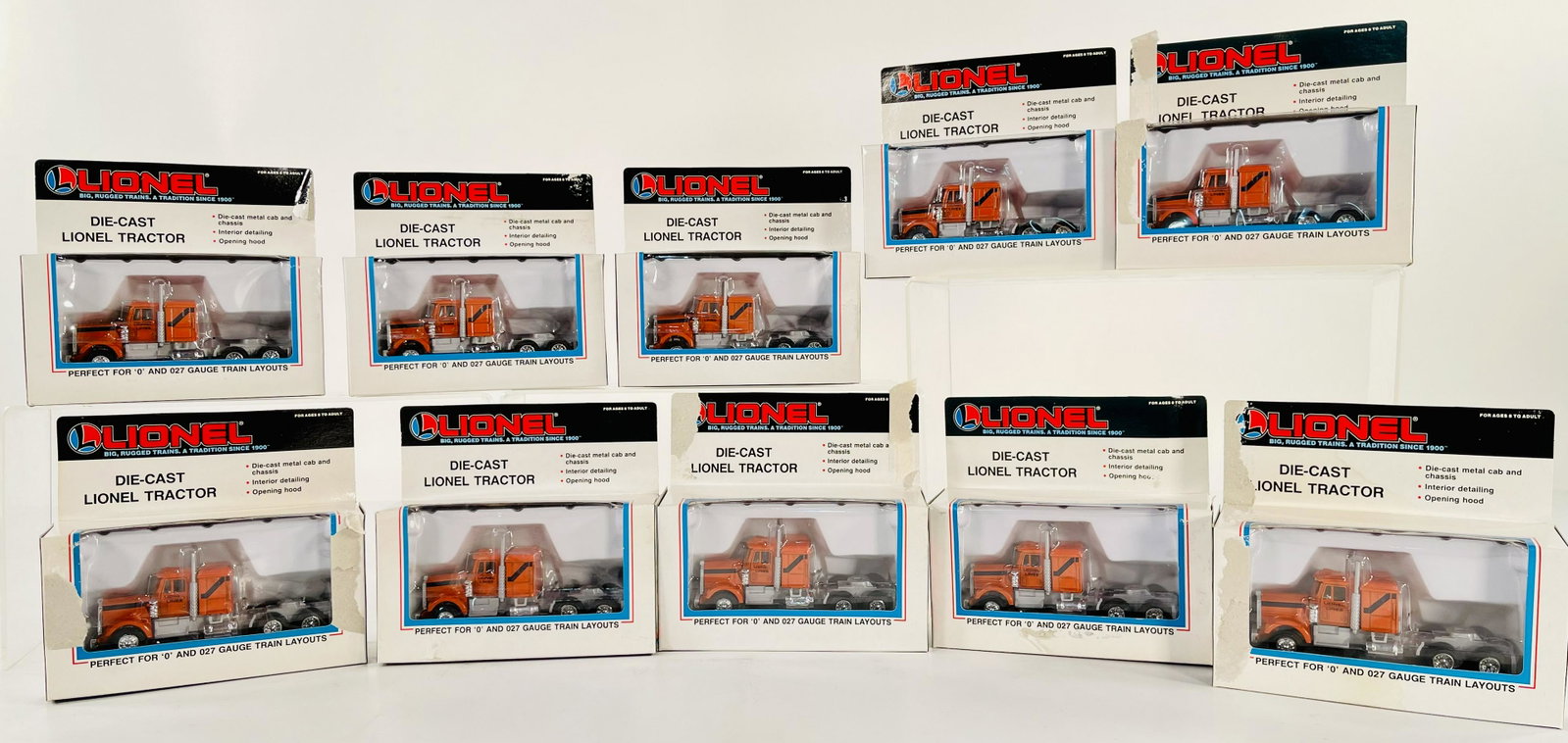 MPC Lionel O Gauge Diecast Lionel Tractors X 10: MPC Lionel O Gauge Diecast Lionel Tractors X 10, all in original boxes and in C10 factory new condition.