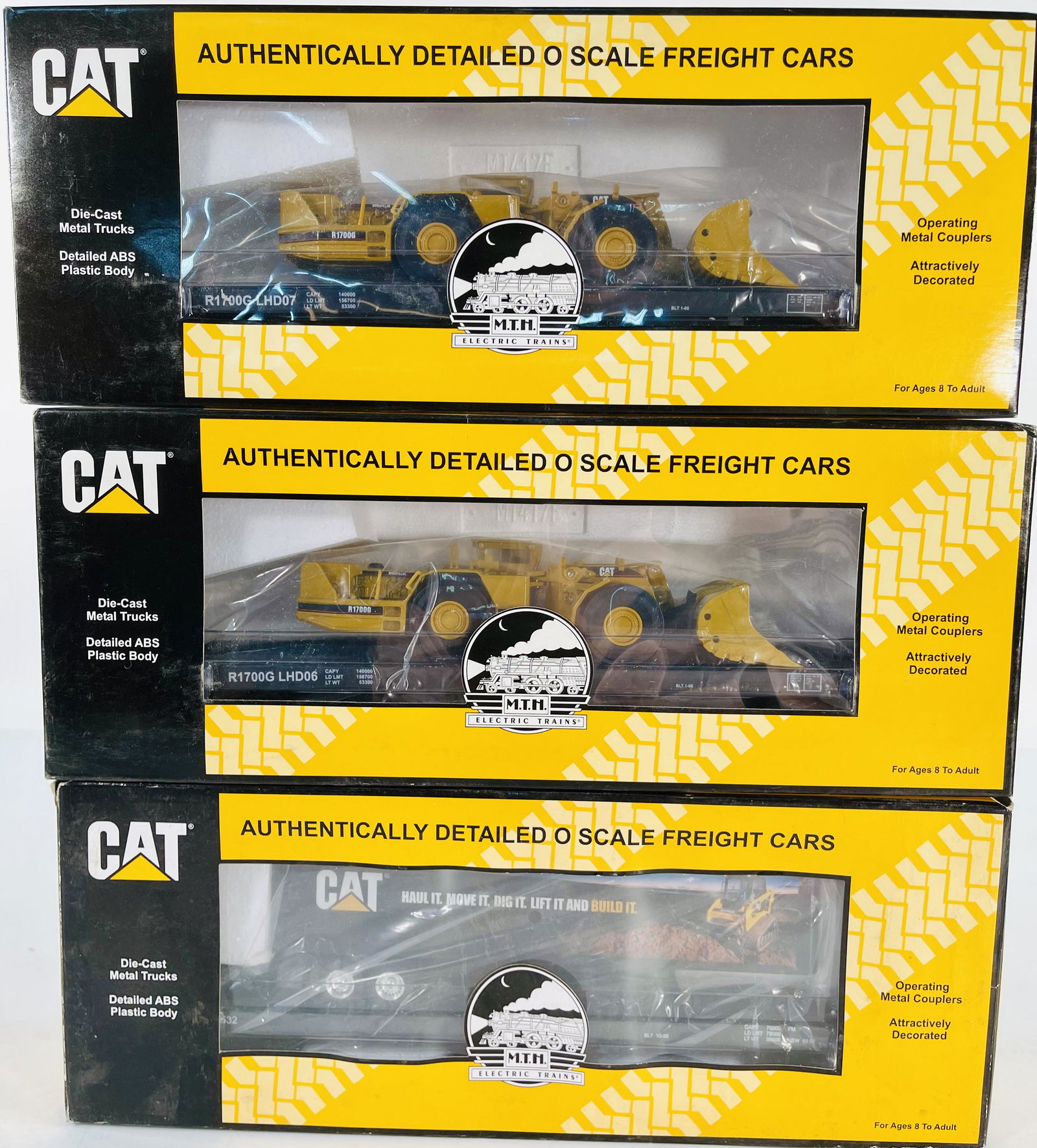 MTH O Gauge Caterpillar Three (3) Assorted Freight Cars (1 of 3)