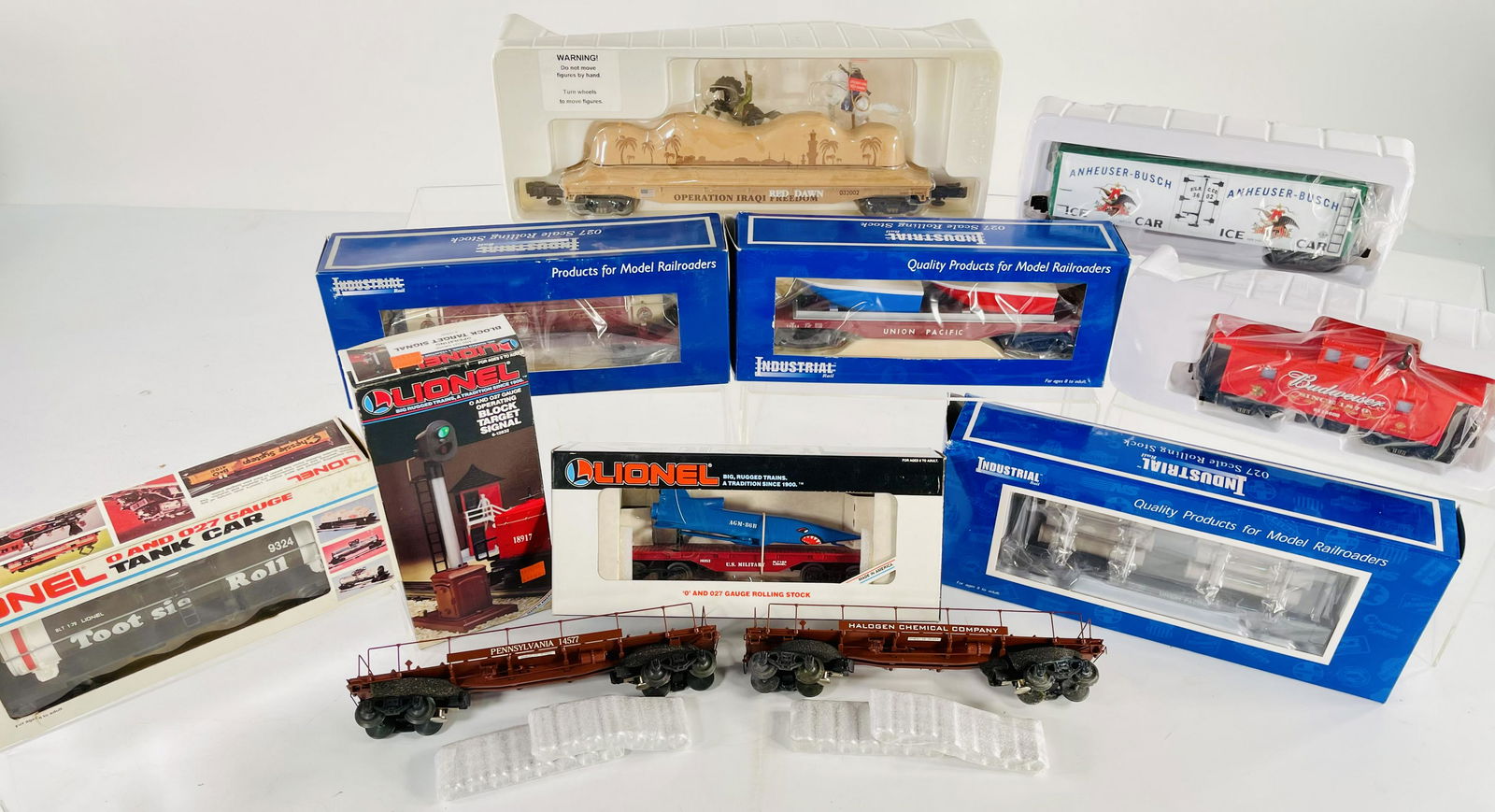 K-Line O Gauge Iraqi Flat Car, Budweiser Caboose, Anheuser Busch Ice Car, 3rd Rail Chlorine Tank (1 of 7)