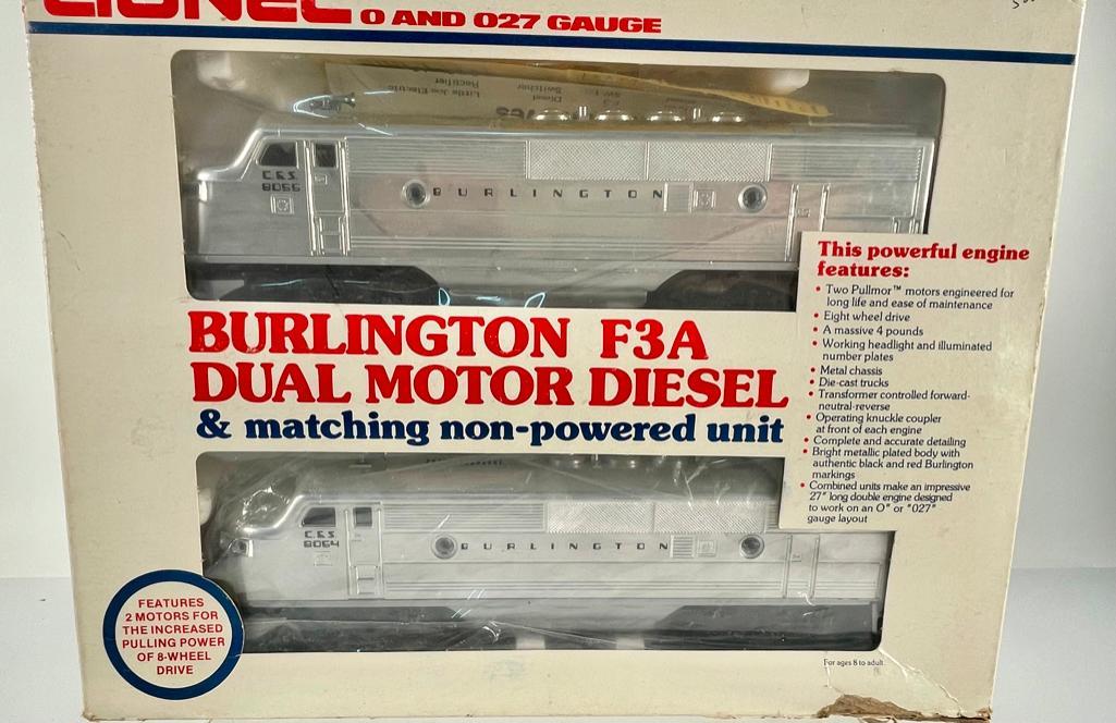 New Lionel Burlington F3 – A Dual Motor Diesel and Matching Nonpowered Diesel Unit# 6 –: New Lionel Burlington F3 – A Dual Motor Diesel and Matching Nonpowered Diesel Unit #6 – 8054, boxed and in C9.