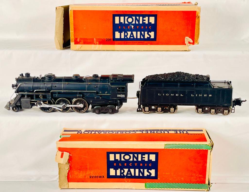 Lionel Prewar O Gauge 226E Black Loco and 2226W Tender: Lionel Prewar O Gauge 226E Black Loco and 2226W Black Tender, with the 226E and 2226W Tender both in C7 minus overall with original boxes although the 226E box is missing one end flap and tape repair