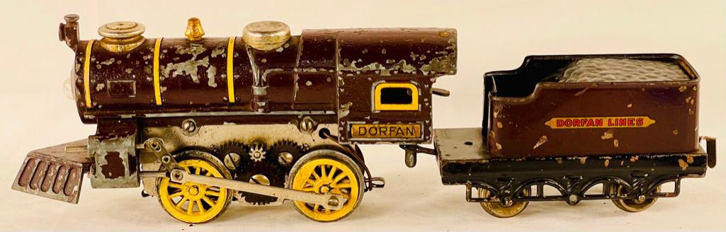 Dorfan Prewar O Gauge Maroon #55 Loco with Maroon Dorfan Lines Tender: Dorfan Prewar O Gauge Maroon #55 Loco with Maroon Dorfan Lines Tender, both in overall C5.