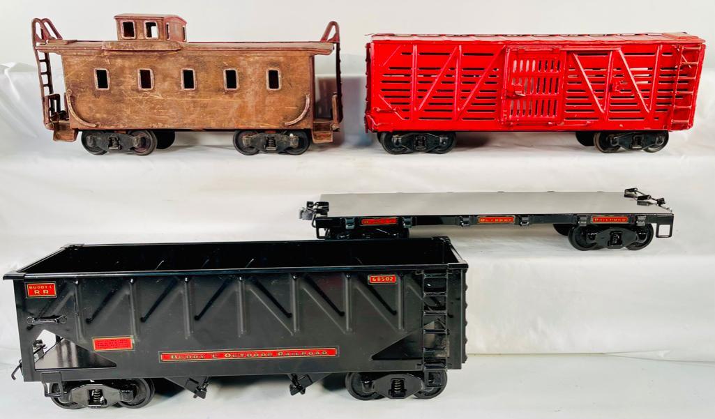 Buddy L Black Hopper Car, T-Reproductions Flat Car, Buddy L Caboose and Buddy L Box Car (1 of 15)