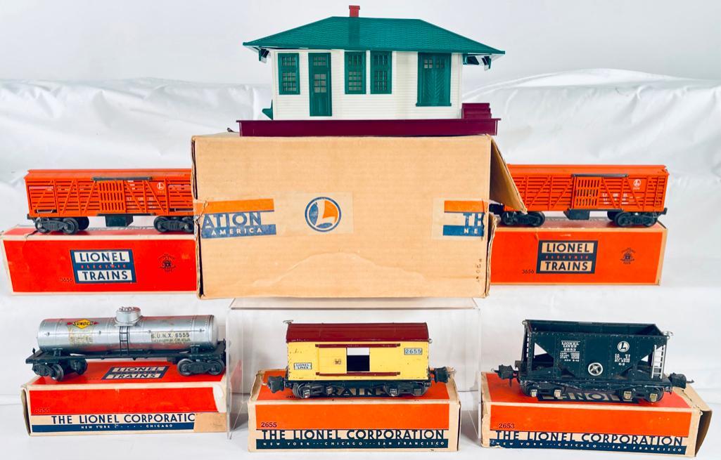 Lionel Postwar 132 Illuminated Station and Five (5) Assorted Freight Cars (1 of 8)