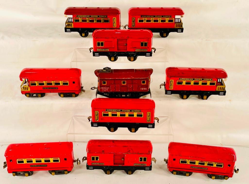 American Flyer Prewar O Gauge #1096 Maroon Litho Electric w/ Eight (8) Assorted Red Passenger Cars (1 of 13)