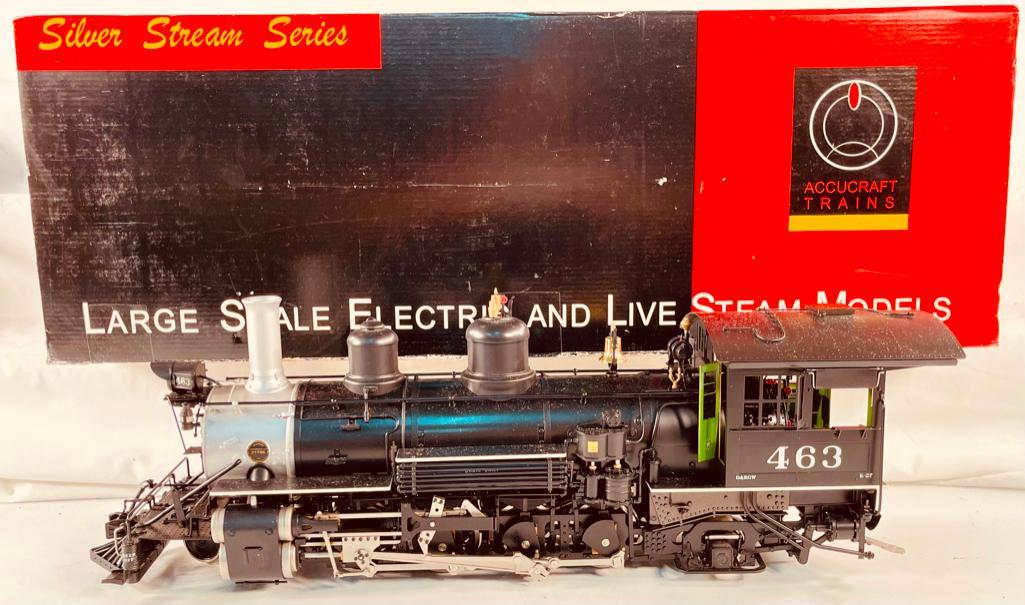 Accucraft #1 Gauge K - 27 #463 Mudhen Steam Locomotive and Tender: Accucraft #1 Gauge K - 27 #463 Mudhen Steam Locomotive and Tender, in overall C8 and in original styrofoam packing and original sleeve. This Item Was Purchased by the Owner for $3,800.00 in August 202