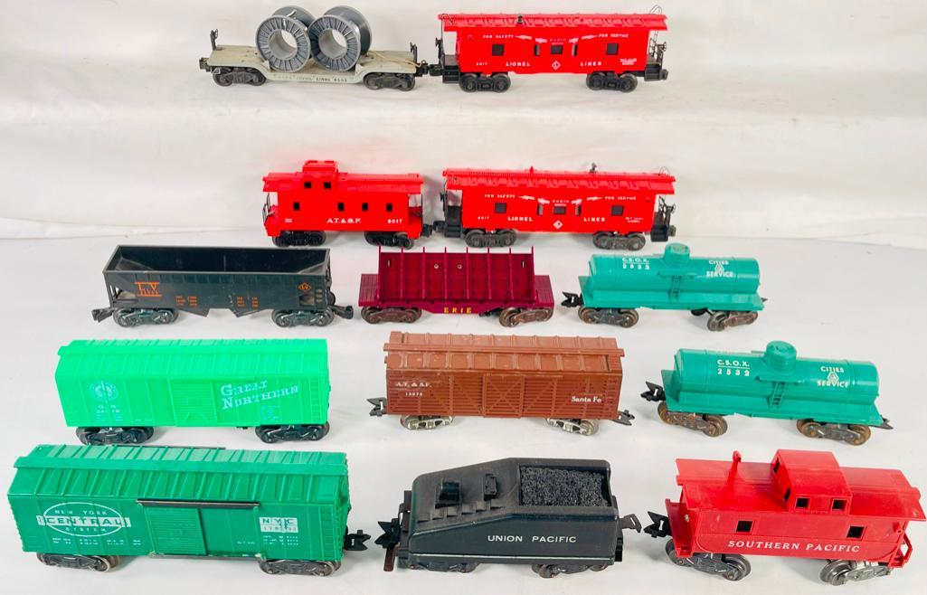 Lionel and Marx Postwar Asserted Cabooses and Freight Cars: Lionel and Marx Postwar Asserted Cabooses and Freight Cars, including #6517 Bay Window Caboose X2, in C7, 6017 AT&SF Red Caboose in C7, 6561 Cable Car in C6 and Nine (9) Assorted Marx Toys Freight Car