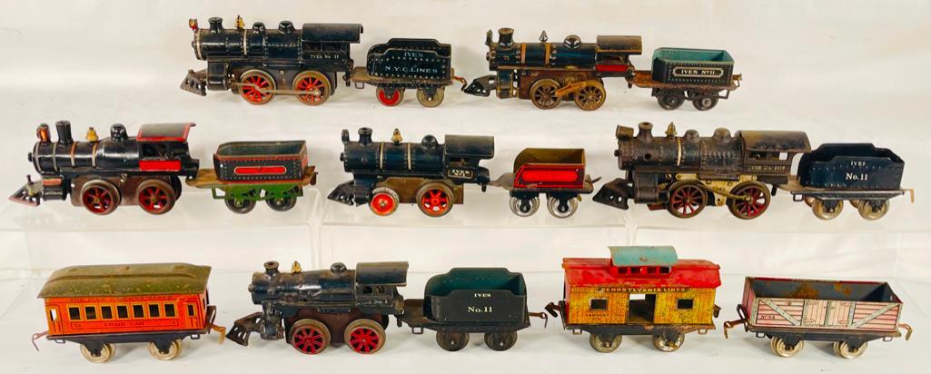 Ives Prewar O Gauge Six (6) Assorted Locos & Tenders w/ Two Assorted Freight Cars & Passenger Cars (1 of 14)