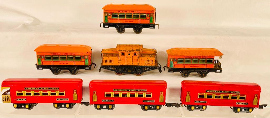 American Flyer Prewar O Gauge 1218 Orange Electric & Three Orange Litho Cars w/ Three Red Cars (1 of 10)