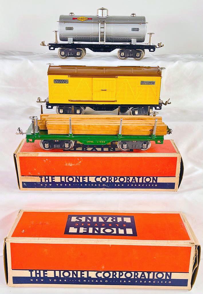 Lionel Prewar Standard Gauge 514 Yellow/Brown Box Car, 511 Lumber Car and 515 Silver Tank Car (1 of 8)
