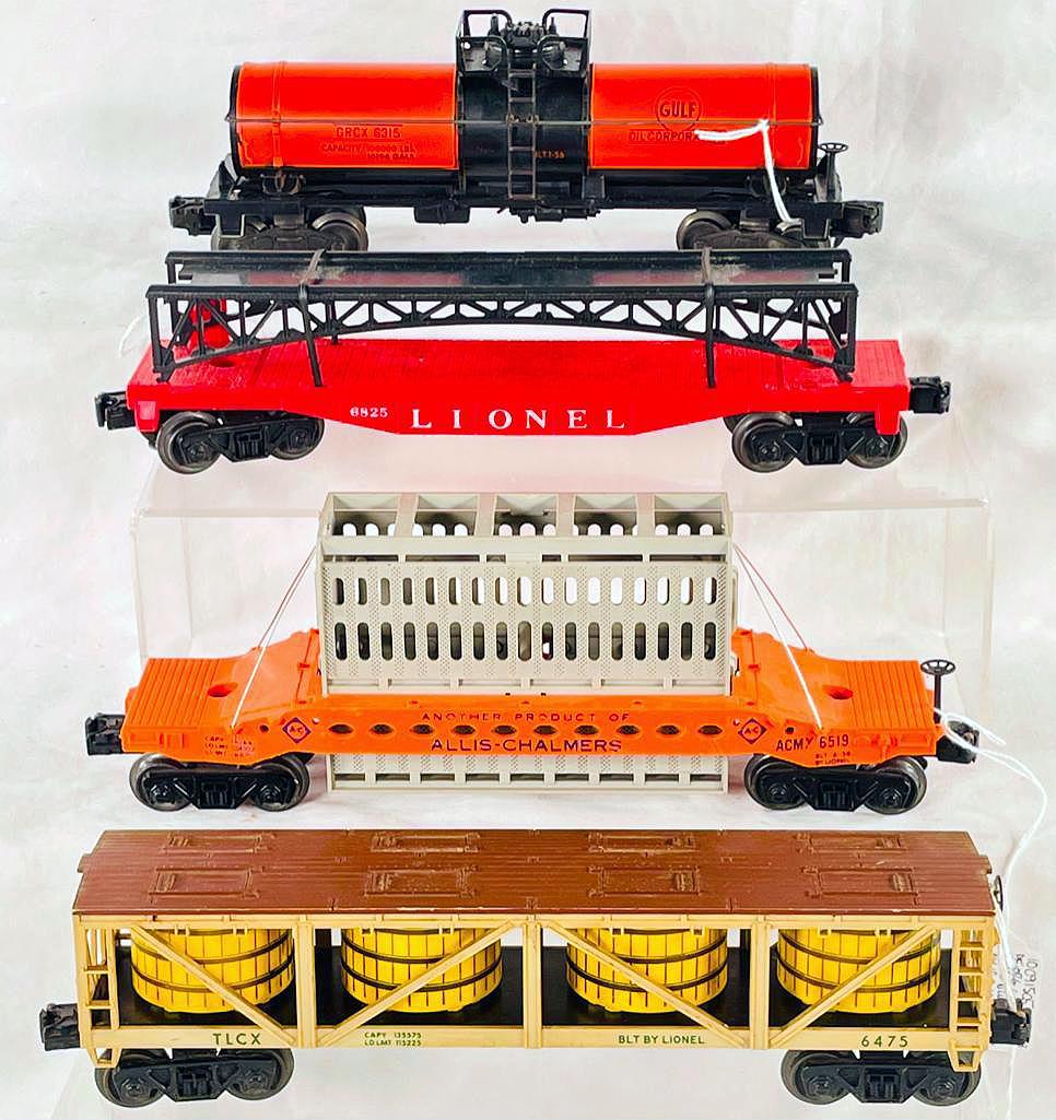 Lionel Postwar 6315 Gulf Tank Car, 6825 Flat with Bridge, 6519 Allis - Chalmers Car and 6475 VAT (1 of 4)