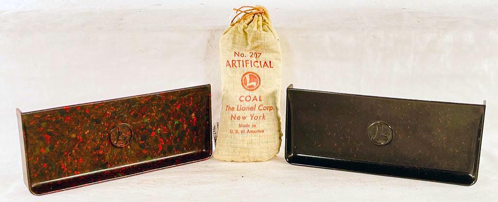 Lionel Postwar 160 Bin Bakelite Speckled Colors from 1949, 160 Black Bin and 207 Artificial Coal Bag: Lionel Postwar 160 Bin Bakelite Speckled Colors from 1949 and 160 Black Bin, and 207 Artificial Coal Bag, with the crazy quilt colors 160 coal bin in C6 plus with small chips on the bottom edge and th