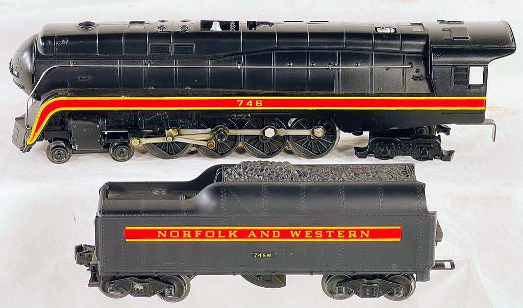 Lionel Postwar 746 Norfolk and Western Loco and Tender Short Stripe: Lionel Postwar 746 Norfolk and Western Loco and Tender Short Stripe, both in C7 plus overall.
