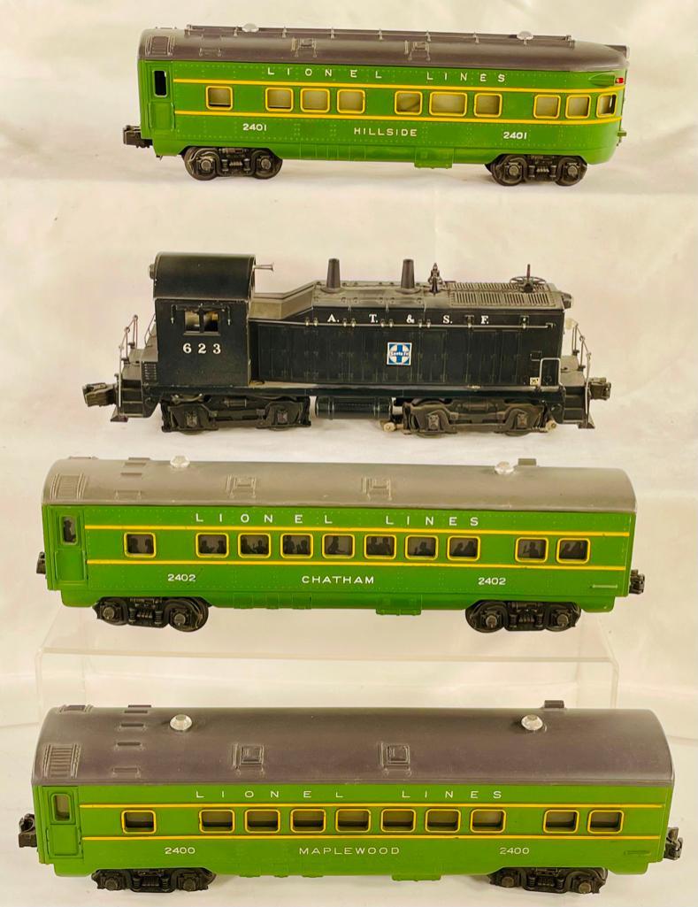 Lionel Postwar 623 AT&SF Diesel Switcher with 2401/2402/2400 Green/Gray Roof Passenger Cars (1 of 6)