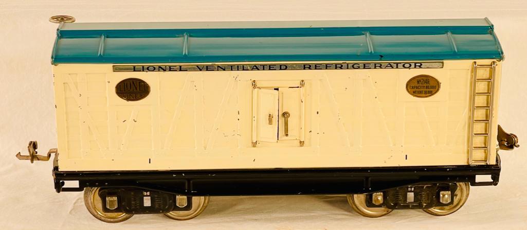 Lionel Prewar Standard Gauge 214R Ivory/Blue Refrigerator Car: Lionel Prewar Standard Gauge 214R Ivory/Blue Refrigerator Car, in C6 plus because of paint loss at one car end. The roof is absolutely stunning.