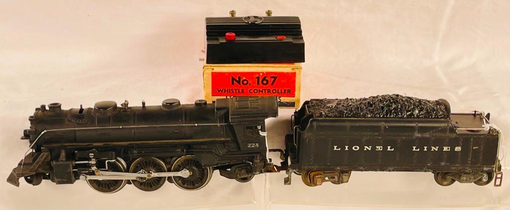 Lionel Prewar O Gauge 224 Black Loco and 2224W Black Tender, 167 Whistle Controller (1 of 11)