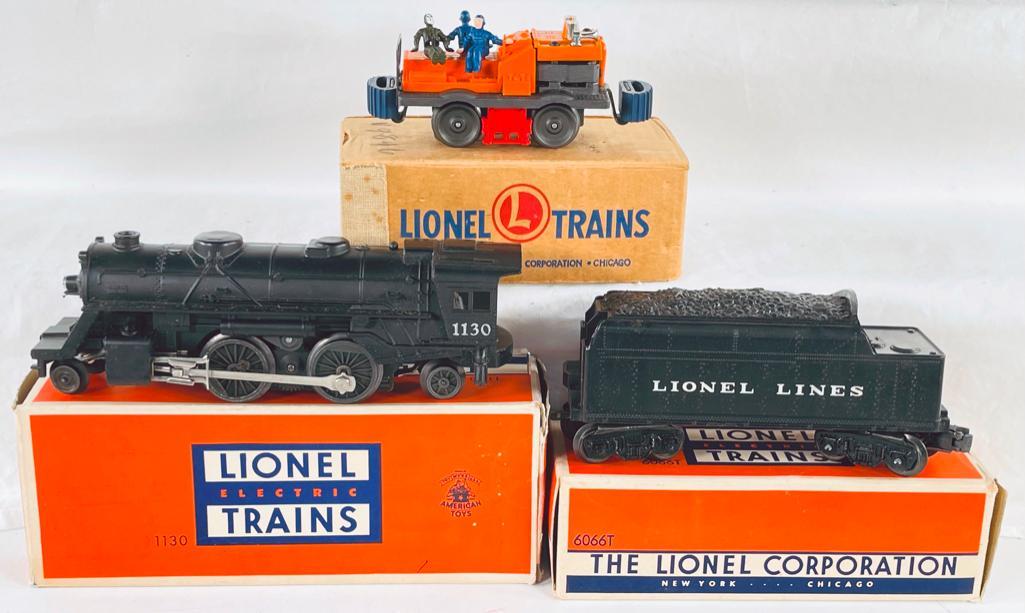 Lionel Postwar 1130 Loco with 6066T Tender and 50 Gang Car: Lionel Postwar 1130 Loco with 6066T Tender and 50 Gang Car, with the 50 Gang Car in C7 plus with repro men and in its original box; the 1130 and 6066T both in C7 or better overall with its original bo