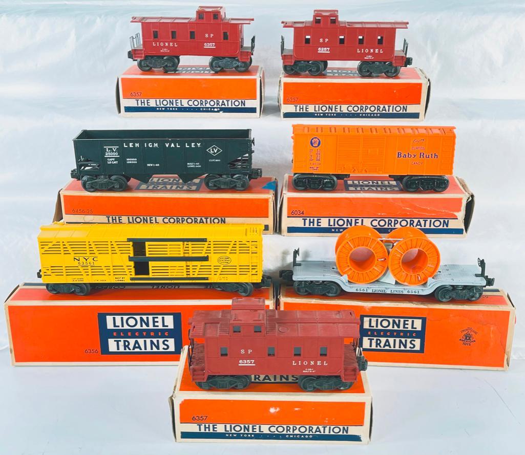 Lionel Postwar 6357 Caboose X2 -6356 Stock Car -6034 Box Car -6456-25 Hopper Car - 6561 Cable (1 of 8)