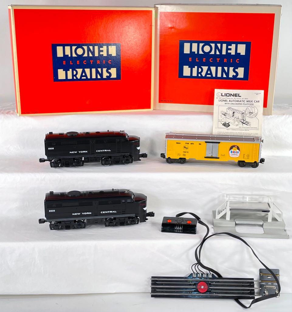 New Lionel O Gauge New York Central Double A Alco Diesel Engines and Bosco Milk Car: New Lionel O Gauge New York Central Double A Alco Diesel Engines and Bosco Milk Car, with the New York Central Double A Alco Diesel Engines #6 -18908 in C9 with original box and the Bosco Milk car #6