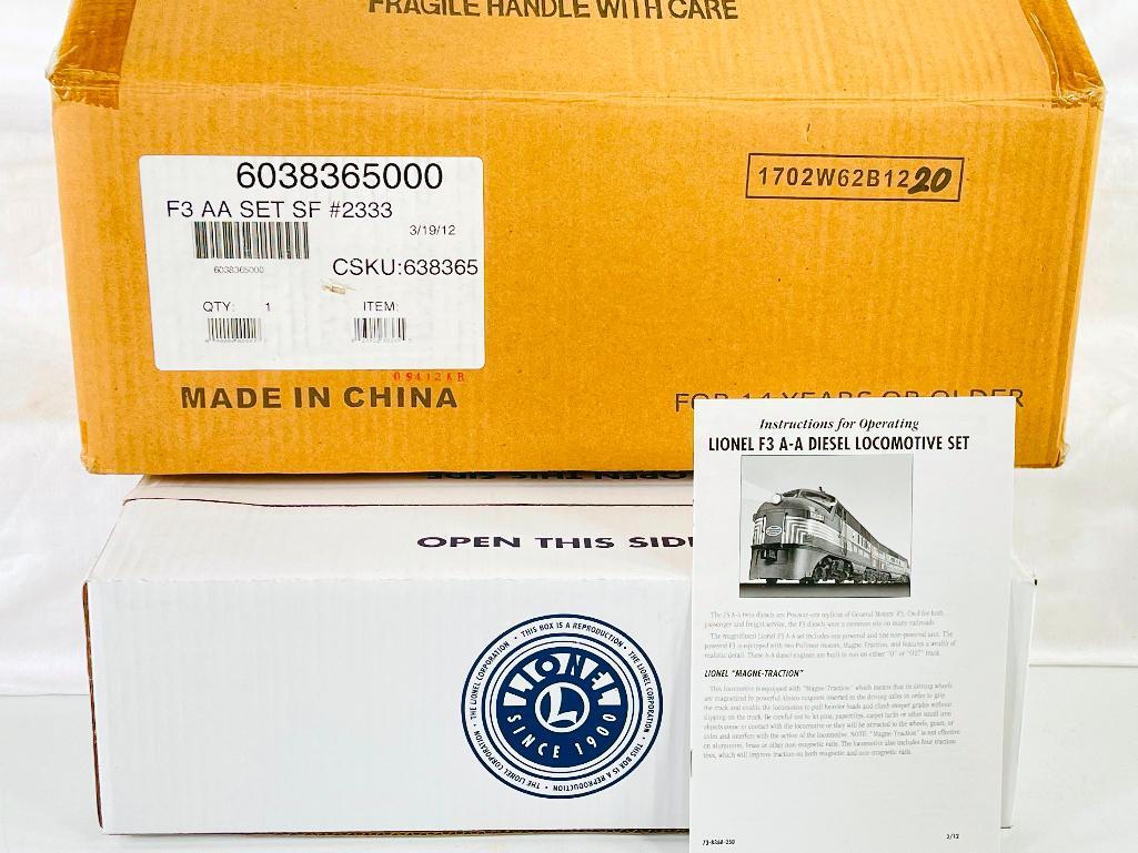 New Lionel O Gauge 2333 Twin Diesel Lionel Trains #6 - 38365 Black Bonnet F3 AA: New Lionel O Gauge 2333 Twin Diesel Lionel Trains #6 - 38365 Black Bonnet F3 AA, in C10 and in its original sealed box and outer shipping carton.