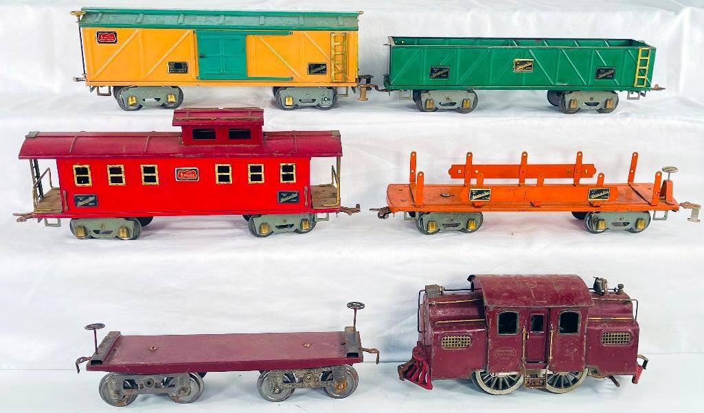 Lionel Prewar Standard Gauge 38 Brown Red Electric Loco and 11 Maroon Flat Car w/ 4 American Flyers (1 of 7)