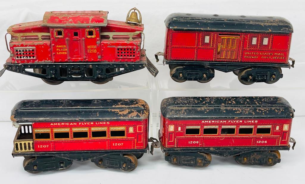 American Flyer Prewar O Gauge Red 3103 Steeple Cab Loco and 1206 - 1205 American Flyer Litho Cars (1 of 6)