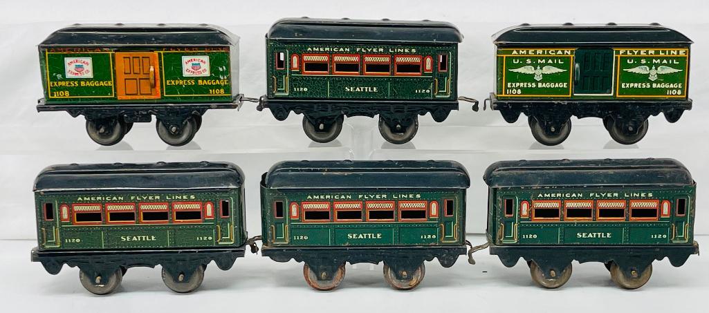 American Flyer Prewar O Gauge Six (6) Assorted Green Litho Passenger Cars circa 1918 to 1920 (1 of 9)
