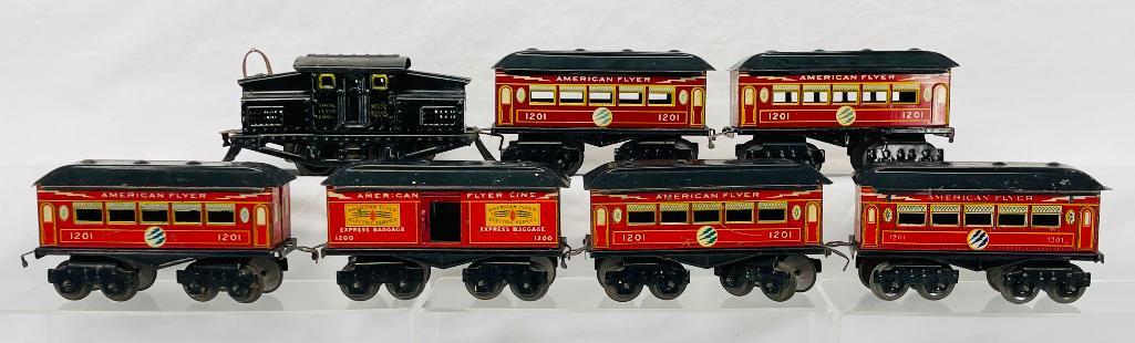 American Flyer Prewar O Gauge 1218 Black Steeple Cab Loco with 1200 series Baggage (1 of 9)