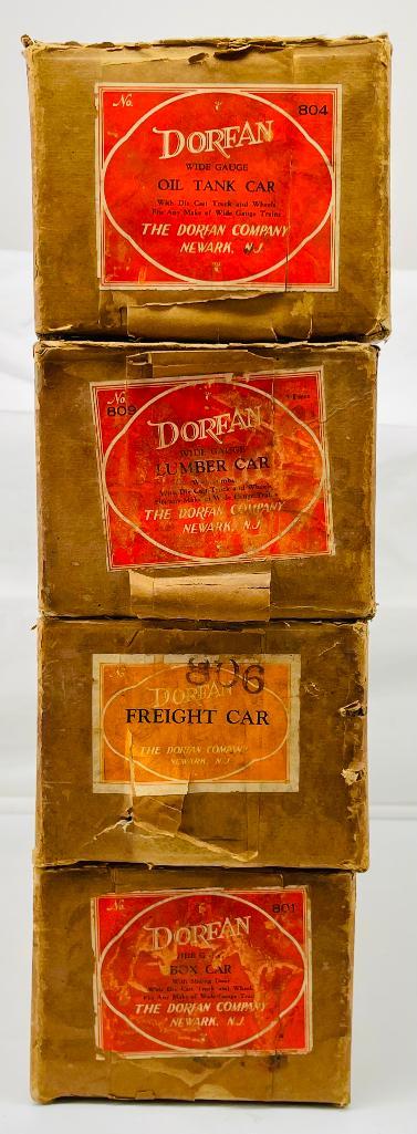 Dorfan Prewar Wide Gauge 804 - 806 - 809 - 801 Original Freight Car Boxes Only: Dorfan Prewar Wide Gauge 804 - 806 - 809 - 801 Original Freight Car Boxes Only, showing moderate wear on each. This Lot is for boxes only and does not include trains.