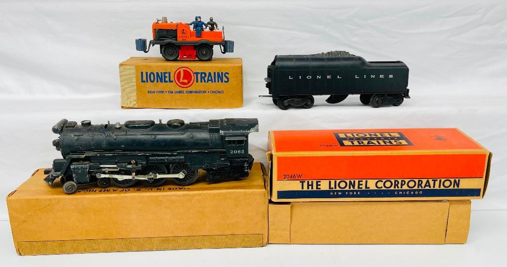 Lionel Postwar O Gauge 2065 Loco/2046W Tender and 50 Gang Car: Lionel Postwar O Gauge 2065 Loco/2046W Tender and 50 Gang Car, with the 2065 Loco in C5 to C5 plus and the 2046W Tender in C6 plus to C7 minus; also includes 2065 original box and liner and 2046W orig