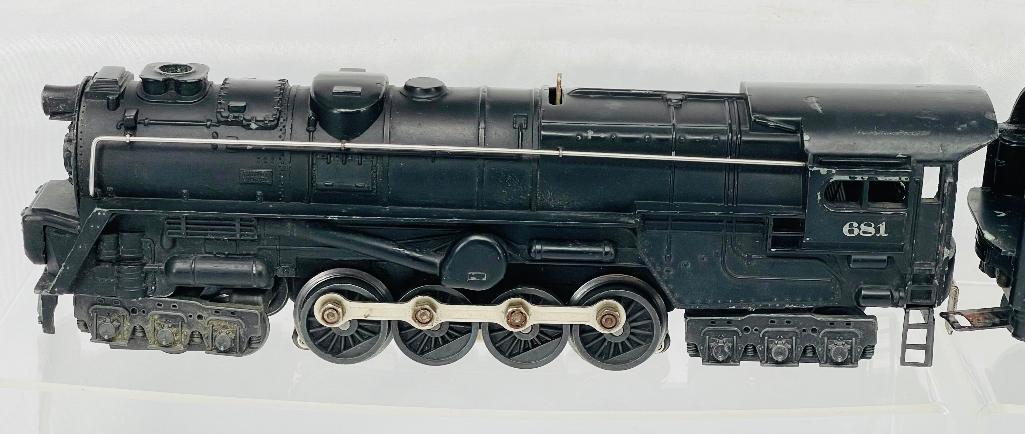 Lionel Postwar O Gauge 681 Loco with 2046W Tender: Lionel Postwar O Gauge 681 Loco with 2046W Tender, with the Loco in C6 and the Tender in C6 plus or better.