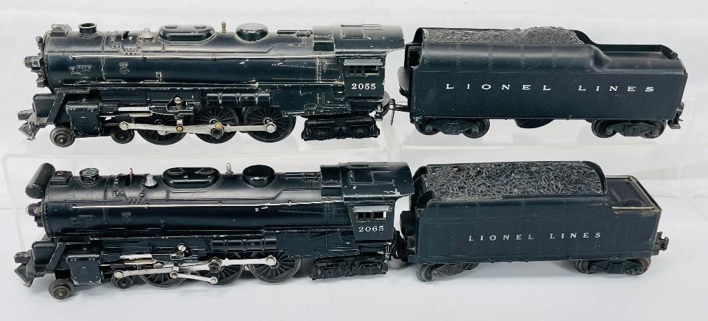 Lionel Postwar O Gauge 2065 Loco/2466T Tender and 2055 Black Loco and Unmarked Tender: Lionel Postwar O Gauge 2065 Loco/2466T Tender and 2055 Black Loco and Unmarked Tender, with the 2055 in C6 minus and other items in C6 plus or better overall.
