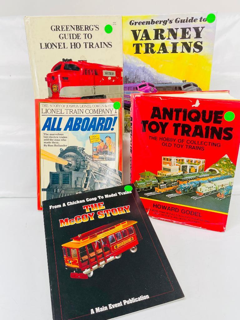 Toy Train Books: Toy Train Books, including The McCoy Story, Antique Toy Trains by Howard Godel, Greenberg Guide to HO Toy Trains, Greenberg's Guide to Varney Trains and Lionel Train Company All Aboard. All are in exc