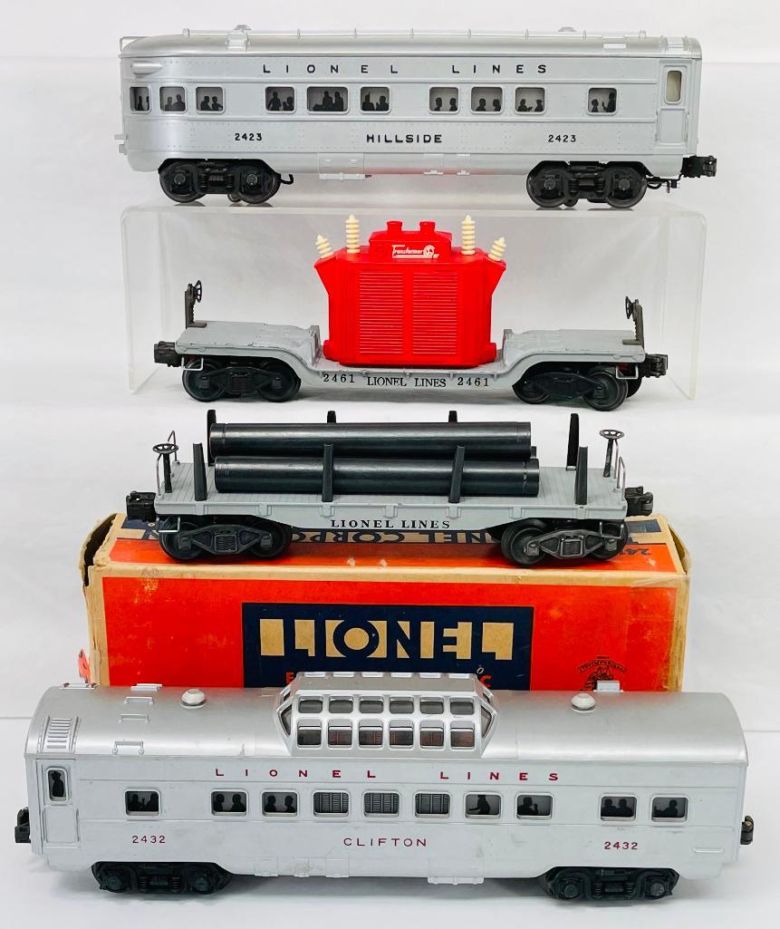 Lionel Postwar O Gauge 2461 Transformer Car - 2411 Pipe Car - 2423/2432 Passenger Cars (1 of 8)