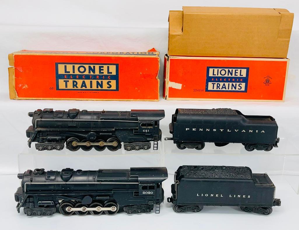 Lionel Postwar O Gauge 681 Loco/ 2046W - 50 Tender and 2020 Loco/2020W Tender: Lionel Postwar O Gauge 681 Loco/2046W - 50 Tender and 2020 Loco/2020W Tender, with the 681 in C6 and the 2020 in C6 plus; also includes an original 681 box with liner that has no box ends and 2046W bo