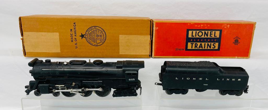 Lionel Postwar O Gauge 665 Loco/2046W Tender: Lionel Postwar O Gauge 665 Loco/2046W Tender, in C7 overall with original boxes for the 665 and the 2046W, both showing light wear.