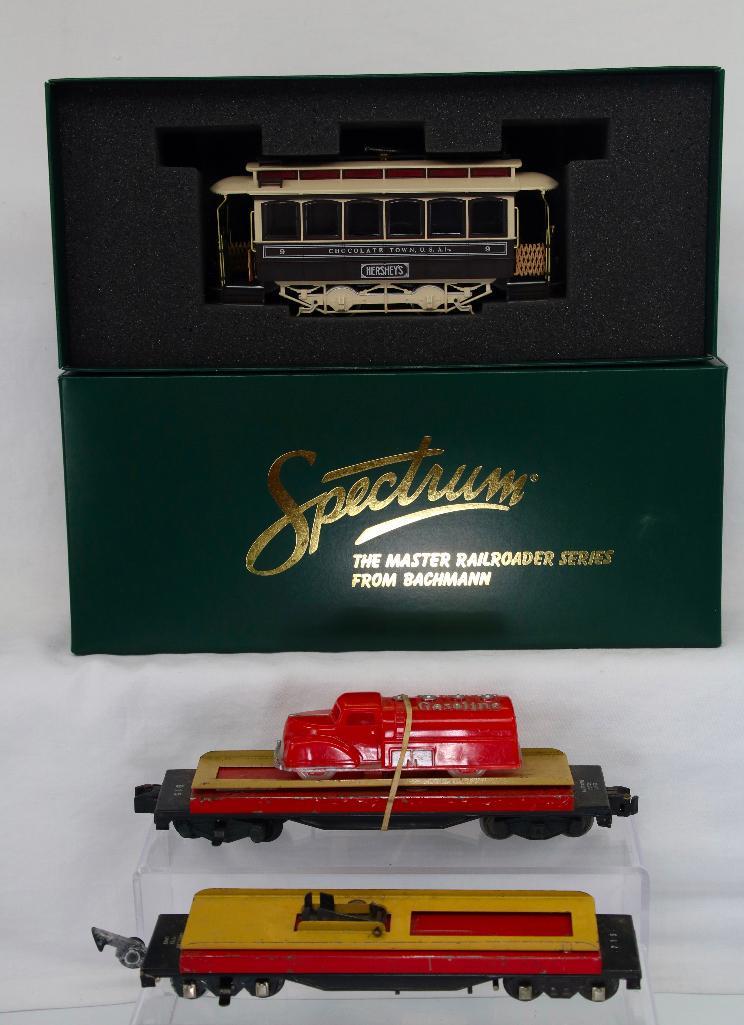 American Flyer S Gauge Postwar 915 Flat Car with Gas Truck ON30 Closed Street Car with Hershey: American Flyer S Gauge Postwar 915 Flat Car with Gas Truck ON30 Closed Street Car with Hershey, including 915 Flat Car with gas truck in C7 with knuckle couplers and Spectrum ON30 Closed Street Car wi