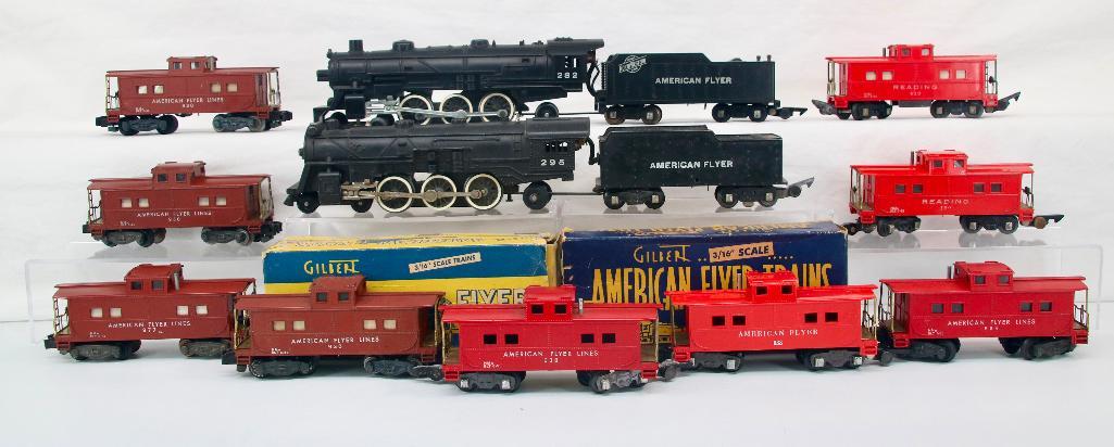 American Flyer S Gauge Postwar Nine (9) Assorted Cabooses- 295 Loco and Tender & 282 Loco and Tender: American Flyer S Gauge Postwar Nine (9) Assorted Cabooses - 295 Loco and Tender and 282 Loco and Tender, with the nine (9) assorted cabooses 638 X2, 630 X2, 904, 930 X3 and 977, all in C7 overall cond