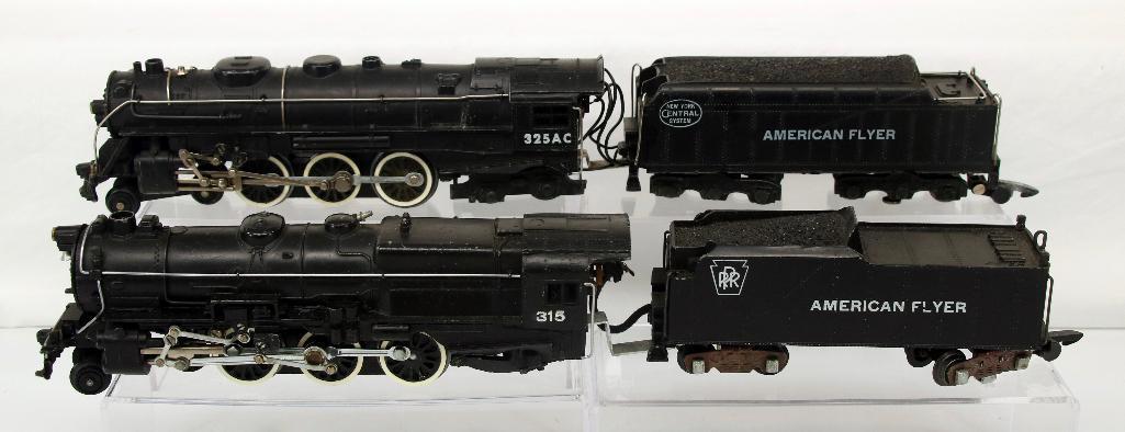 American Flyer S Gauge Postwar 315 PRR Loco and Tender/ 325 AC NYC Loco and Tender: American Flyer S Gauge Postwar 315 PRR Loco and Tender/ 325 AC NYC Loco and Tender, each in C6/C6 plus overall.